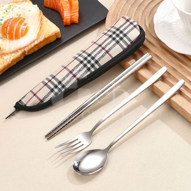 格紋布環保餐具三件組